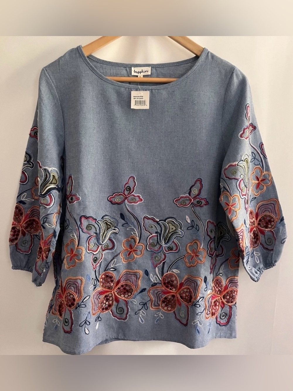 Sapphire NWT Blue Denim Floral Embroidered Women’s Boho Peasant Blouse Petite Lg